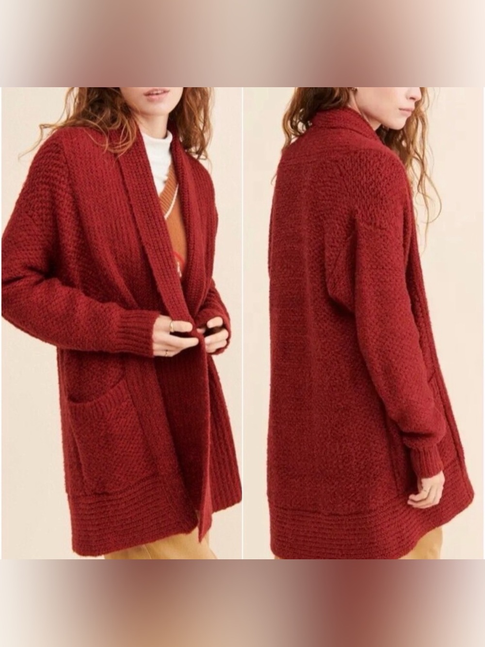 Anthropologie Pilcro Eyelash Boucle Cardigan XL Maroon Burgundy Wine Open Duster